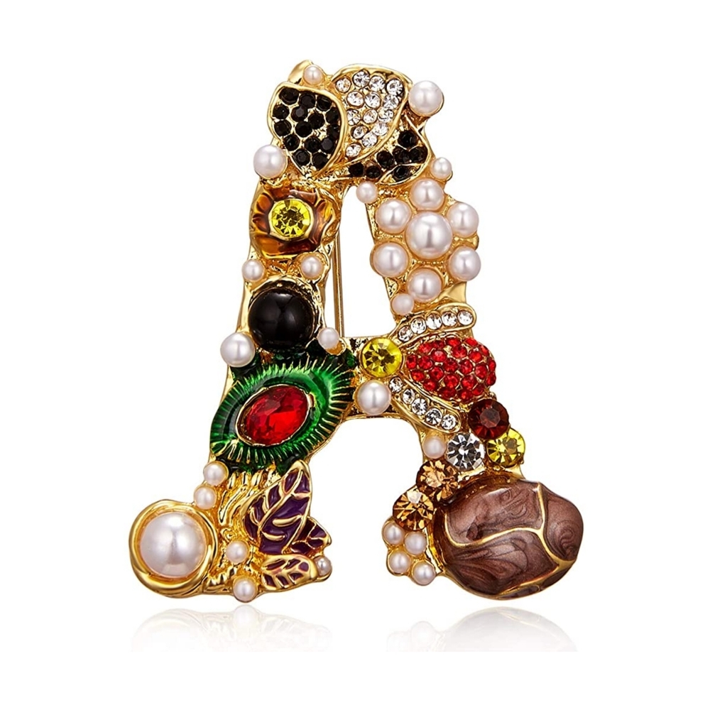 Handmade Gold Plated Crystal and Pearl Initial 'A'  Letter Alphabet Brooch Pin
